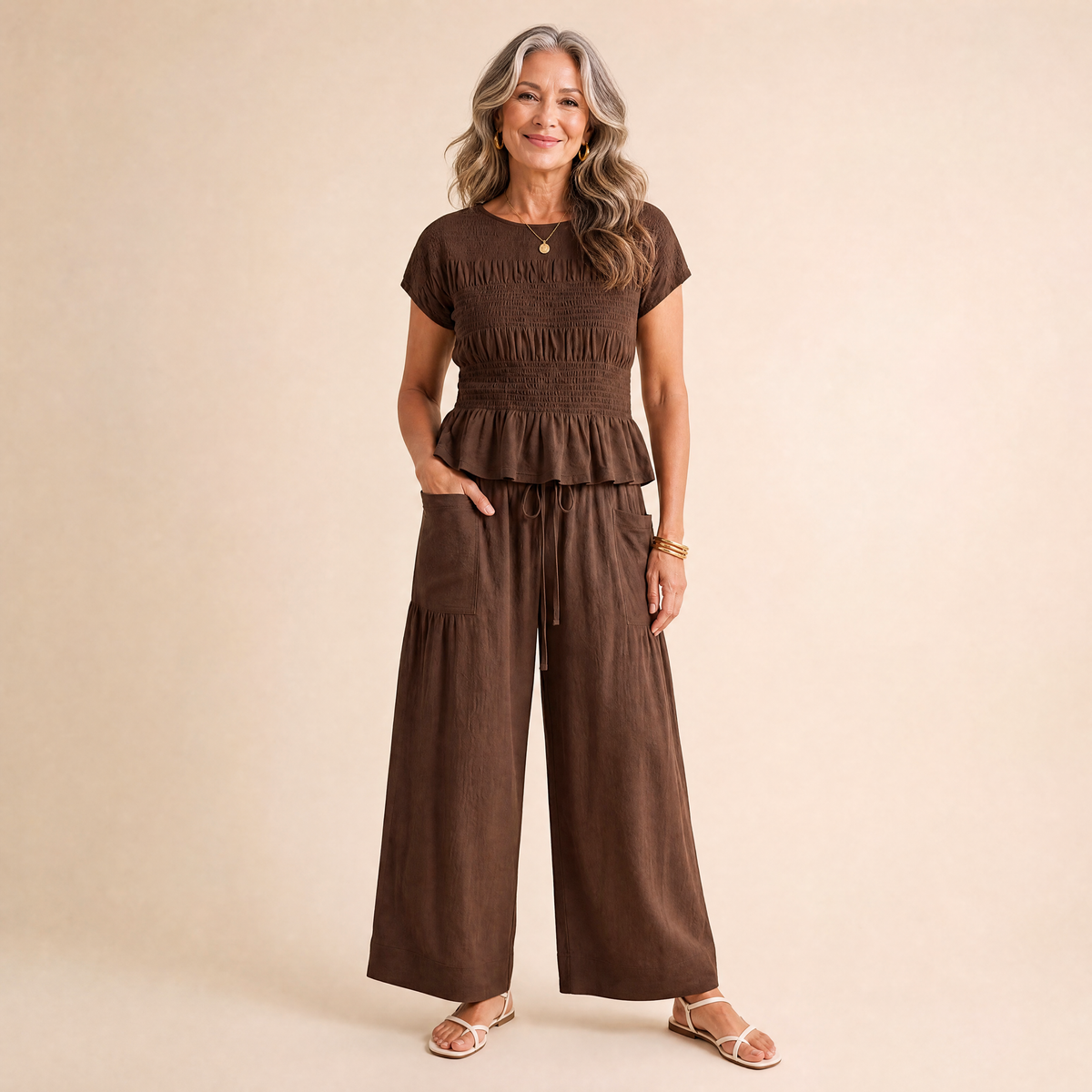 ⏰Last Day of the Sale💃Women's Smocked Short Sleeve Top & Wide Leg Pants Set