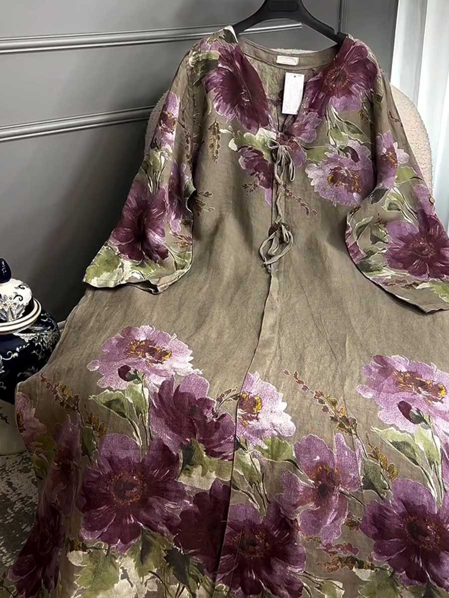 🔥Women's V-neck Long Sleeve Vintage Positioning Print Casual Loose Cotton and Linen Dress