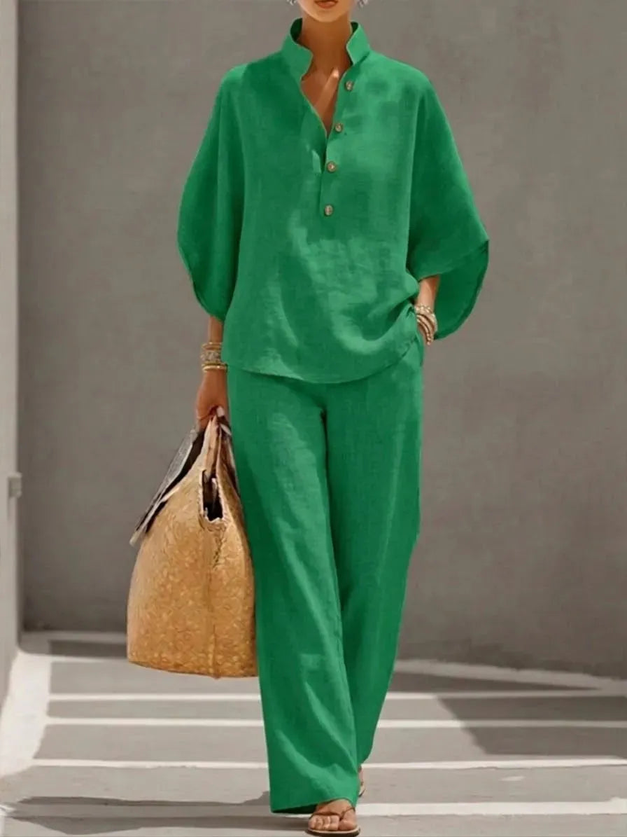 🌿🌿Women's Batwing Sleeve Two-Piece Set – Casual Shirt & Wide Leg Pants Outfit