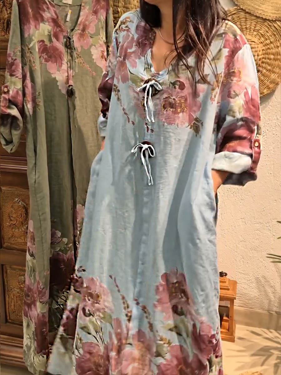 🔥Women's V-neck Long Sleeve Vintage Positioning Print Casual Loose Cotton and Linen Dress