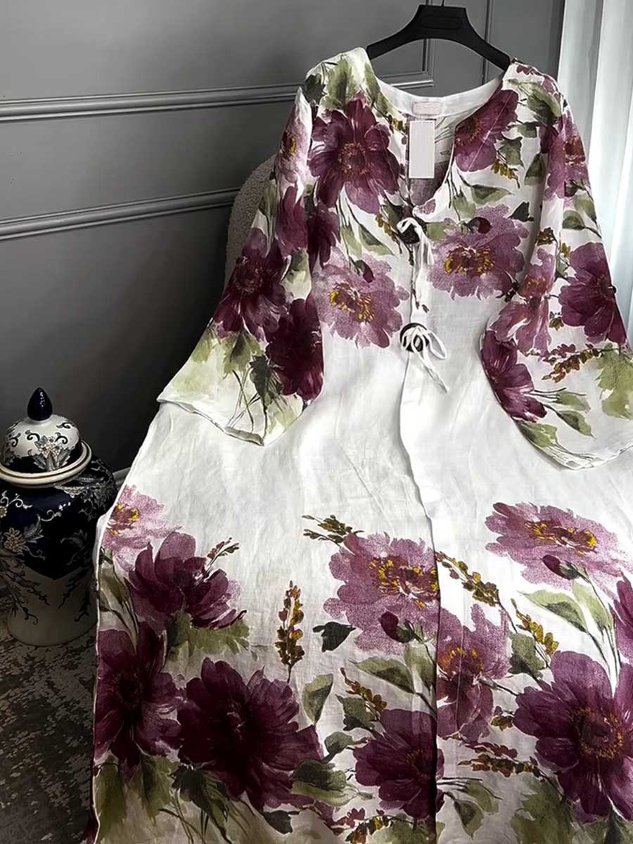 🔥Women's V-neck Long Sleeve Vintage Positioning Print Casual Loose Cotton and Linen Dress
