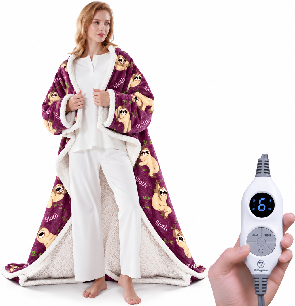 💝💝Wearable Heated Blanket with Foot Pocket Sherpa🔥Overheat Protection & Auto Shut-Off