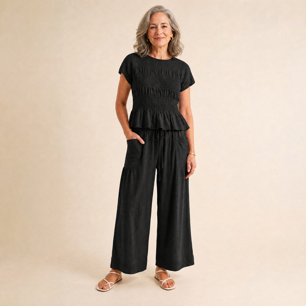 ⏰Last Day of the Sale💃Women's Smocked Short Sleeve Top & Wide Leg Pants Set