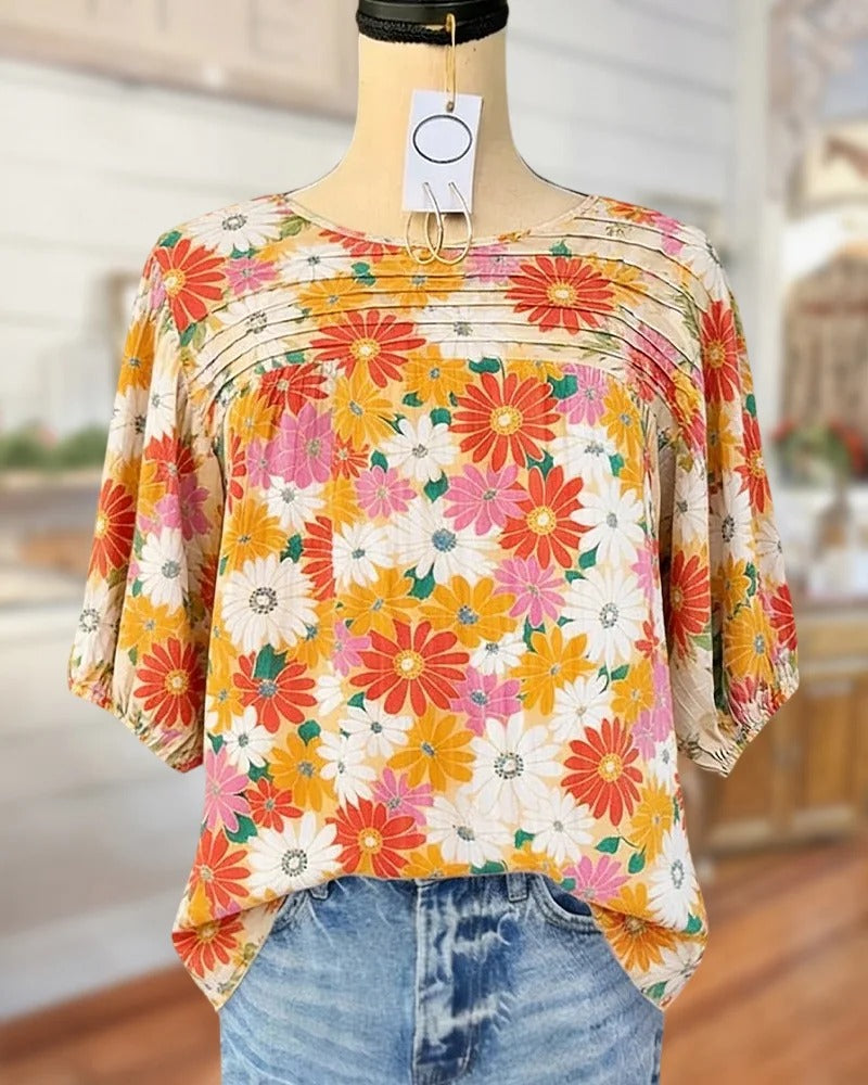 🔥 FINAL HOURS — Women's Appliqué Floral Print Blouse | Elegant Pleated Detail