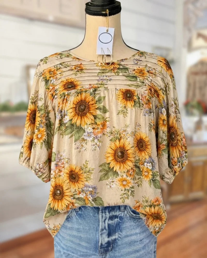 🔥 FINAL HOURS — Women's Appliqué Floral Print Blouse | Elegant Pleated Detail