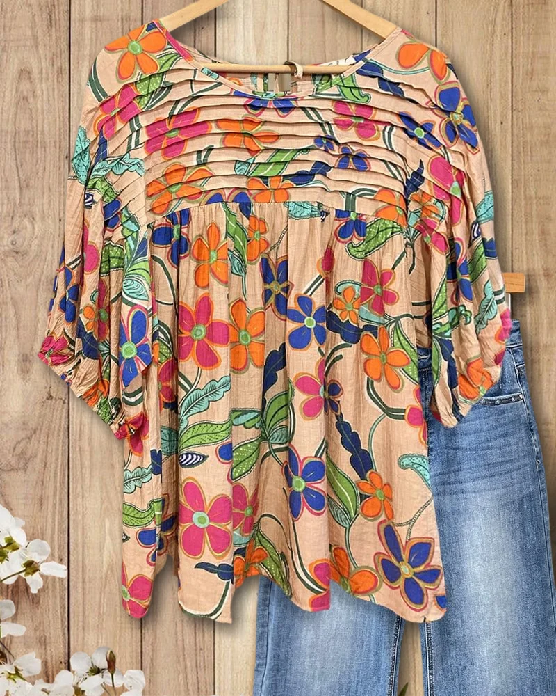 🔥 FINAL HOURS — Women's Appliqué Floral Print Blouse | Elegant Pleated Detail