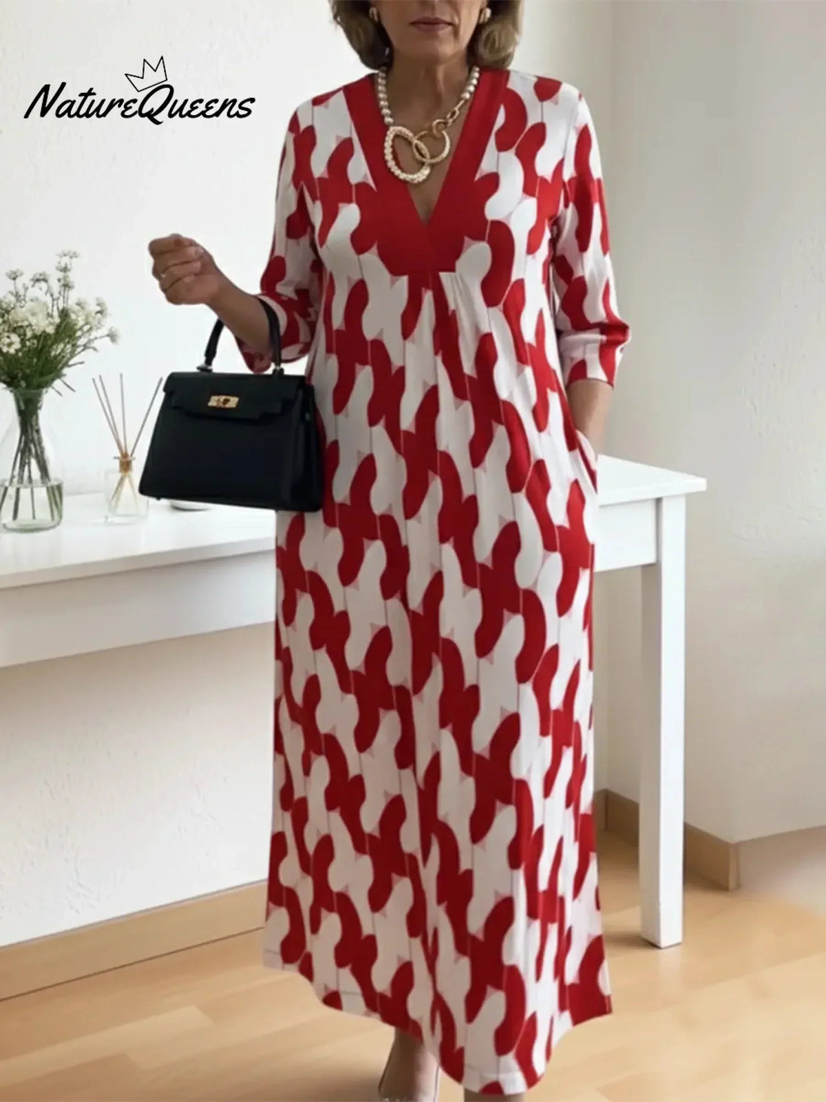 🔥Elegant Art Print Color Block Trim V-neck Midi Dress