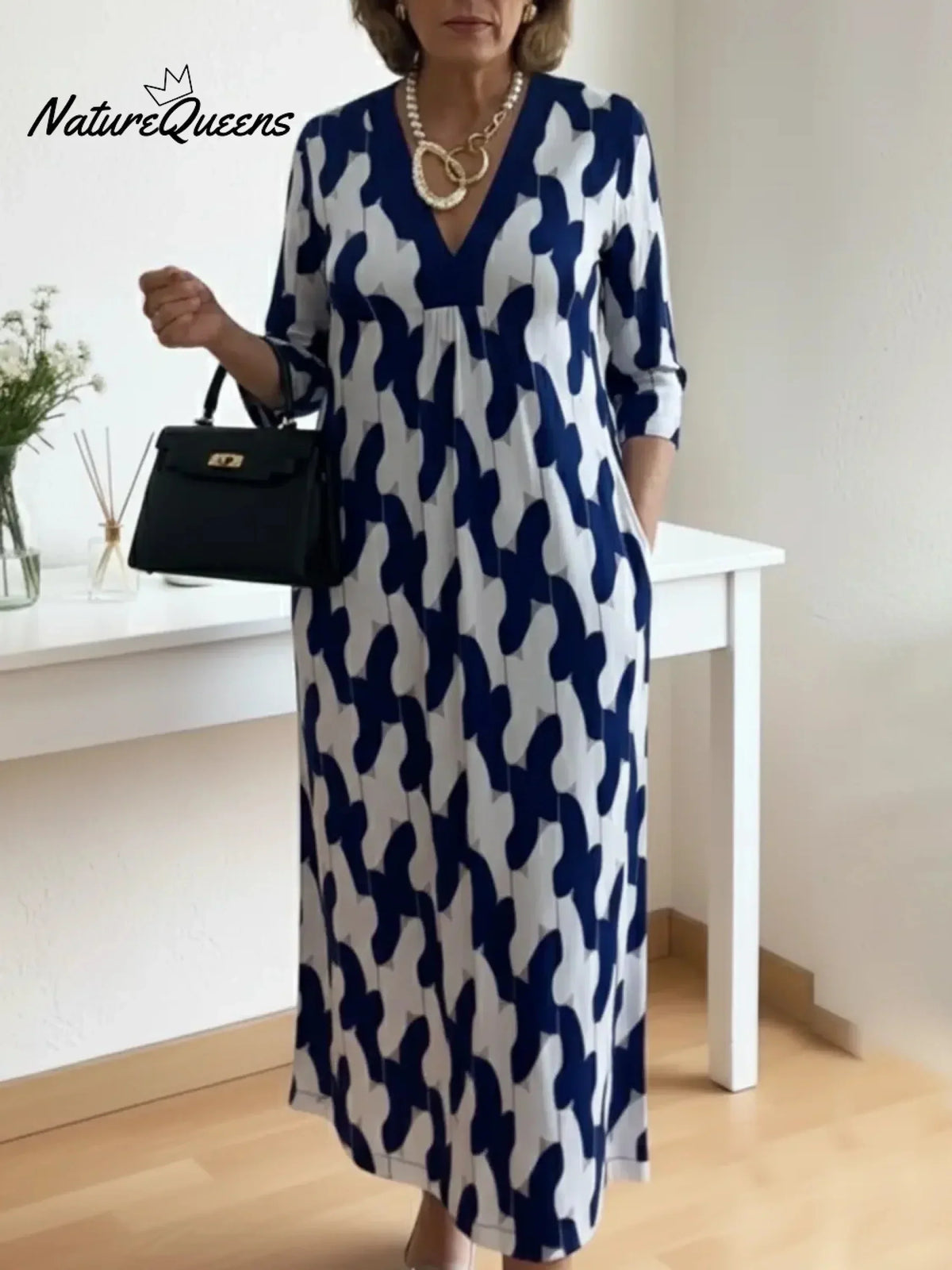 🔥Elegant Art Print Color Block Trim V-neck Midi Dress