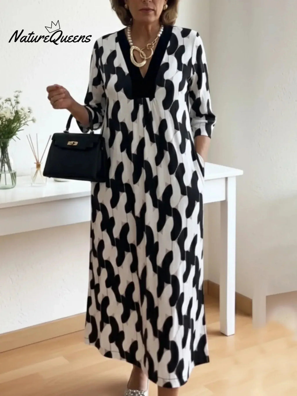 🔥Elegant Art Print Color Block Trim V-neck Midi Dress