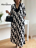 🔥Elegant Art Print Color Block Trim V-neck Midi Dress