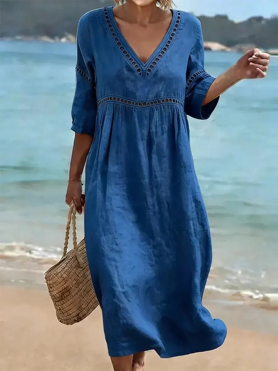 🔥Women's Solid Color Retro Casual Stylish Vacation Cotton Dress