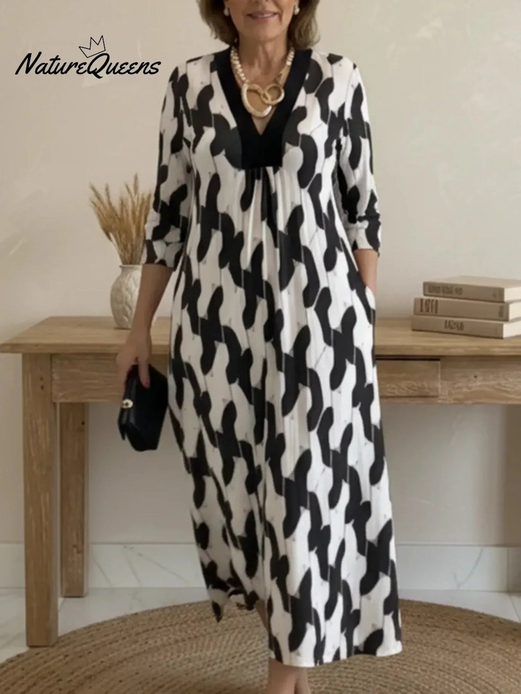 🔥Elegant Art Print Color Block Trim V-neck Midi Dress