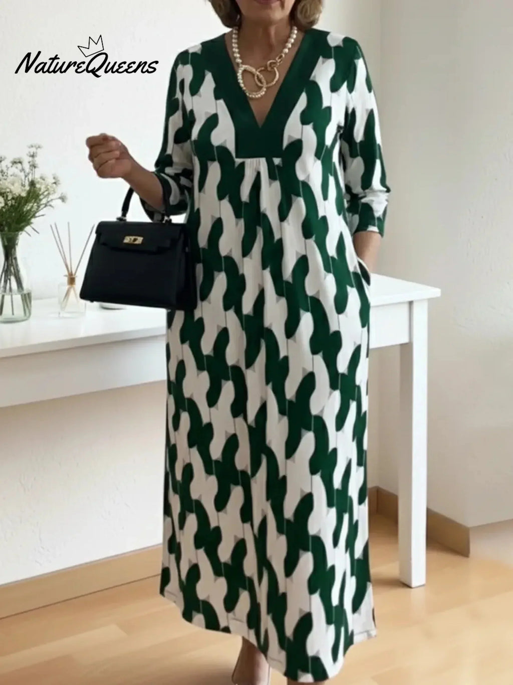 🔥Elegant Art Print Color Block Trim V-neck Midi Dress