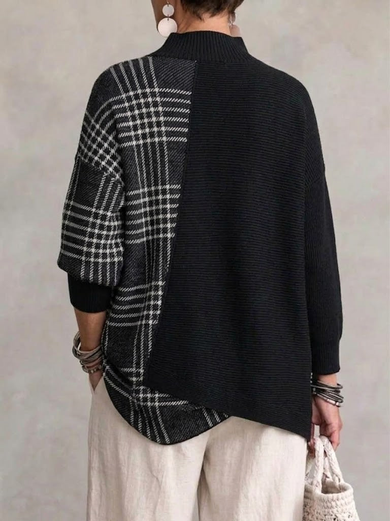 🖤 BLACK FRIDAY SALE 🖤 ☁️ Women's Plaid Mock Neck Knit Sweater | Asymmetrical Hem & Relaxed Fit