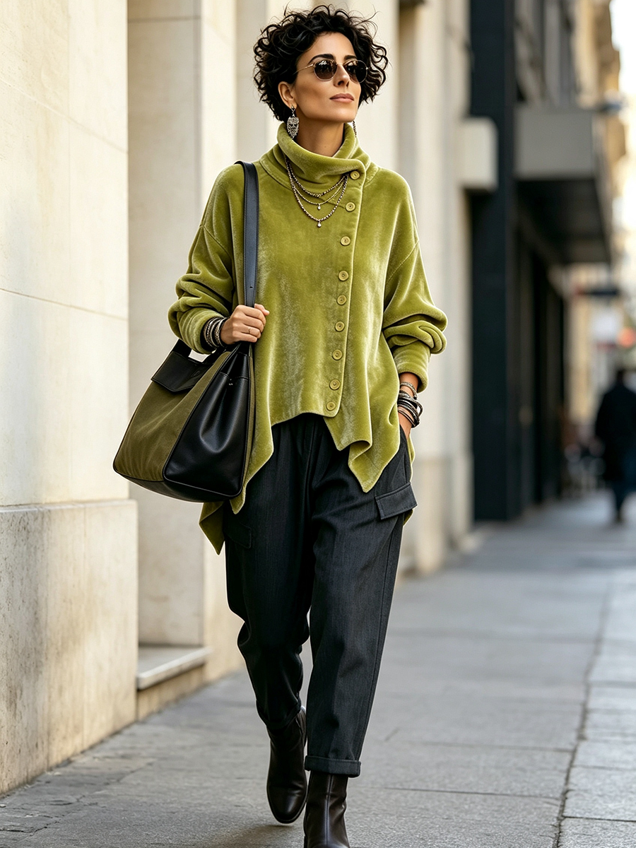 🔥 FINAL HOURS — Women's Velvet Asymmetric Turtleneck Top | Chic Button Detail & Elegant Style