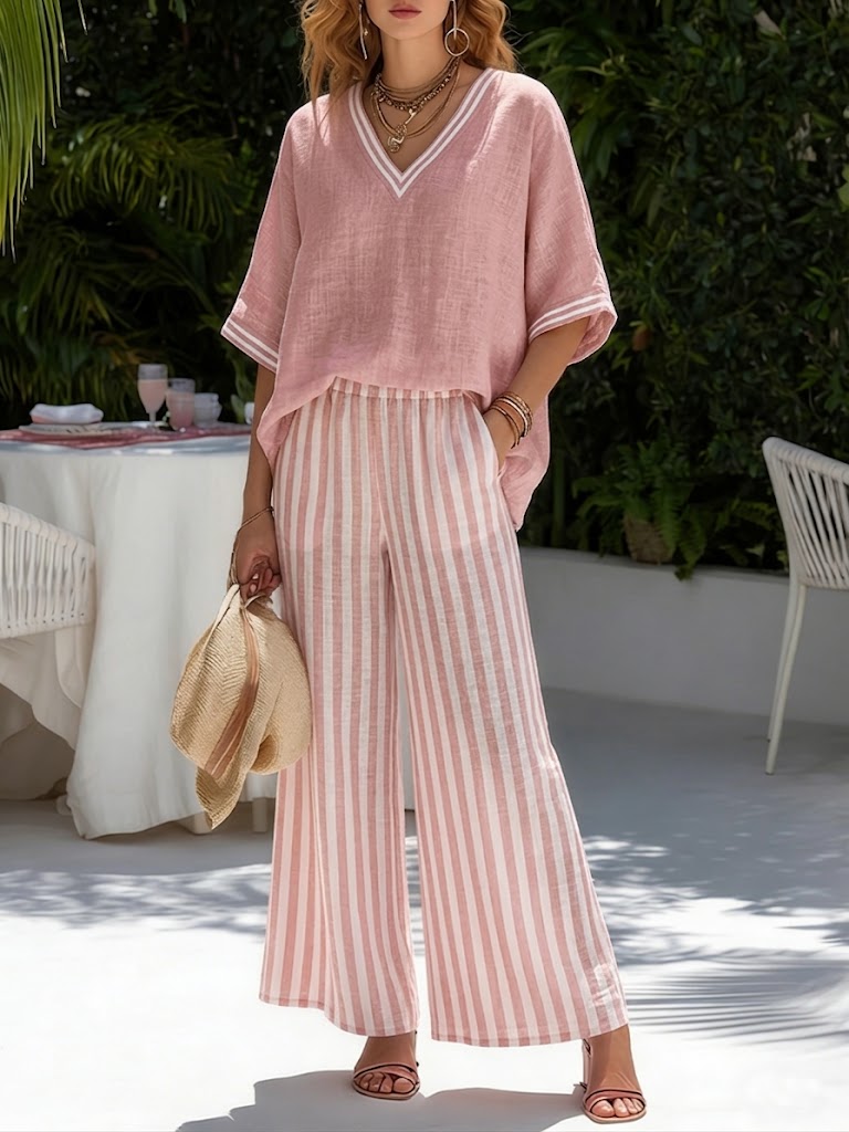 💝💝Casual Two-piece Set: Striped Linen & Cotton Patchwork Top And Striped Trousers— Look Put Together in 5 Seconds
