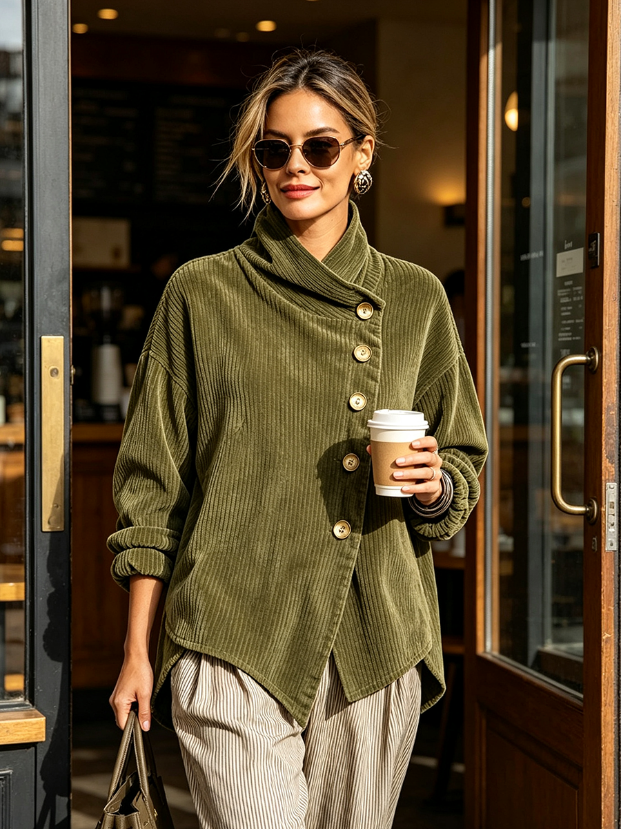 🖤 BLACK FRIDAY SALE 🖤 ☁️ Women's Asymmetric Corduroy Top | Chic Funnel Neck & Modern Style