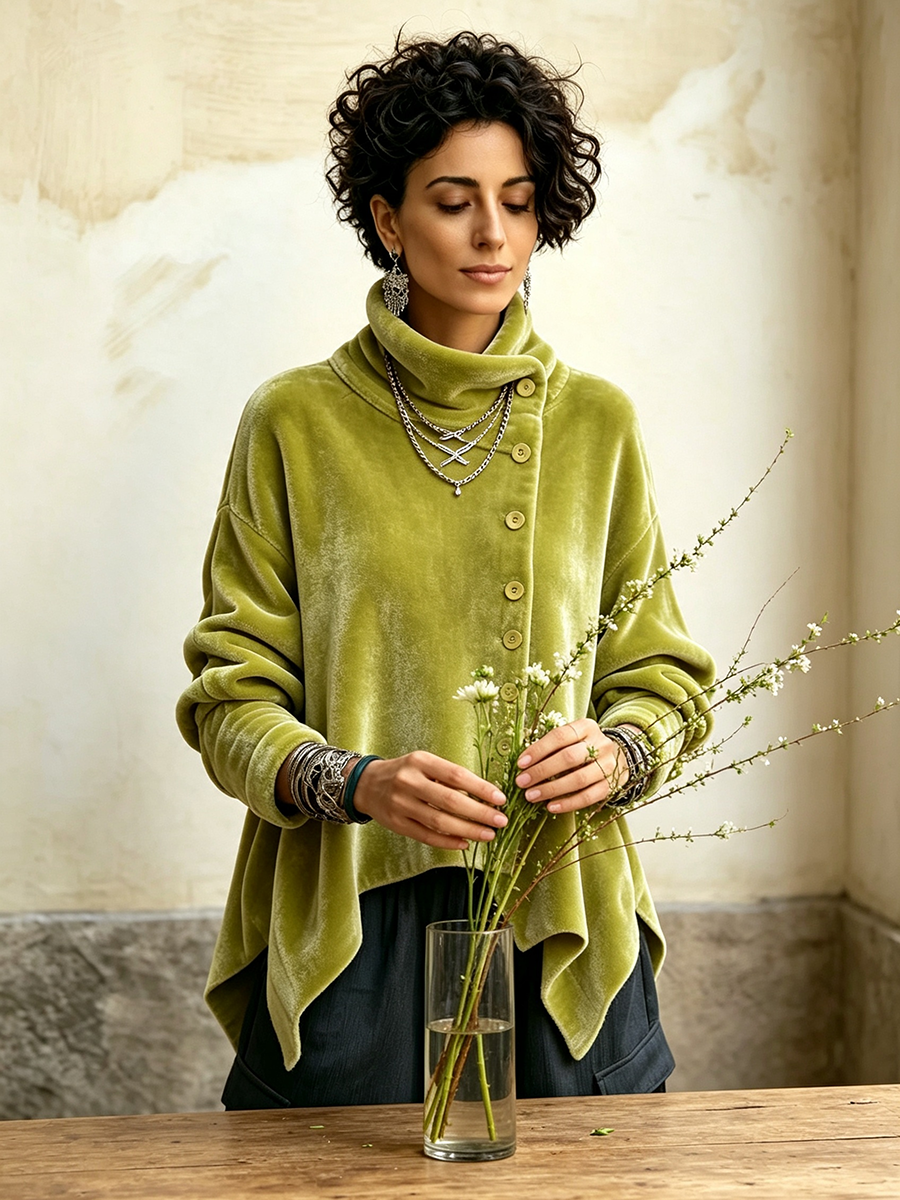 🔥 FINAL HOURS — Women's Velvet Asymmetric Turtleneck Top | Chic Button Detail & Elegant Style