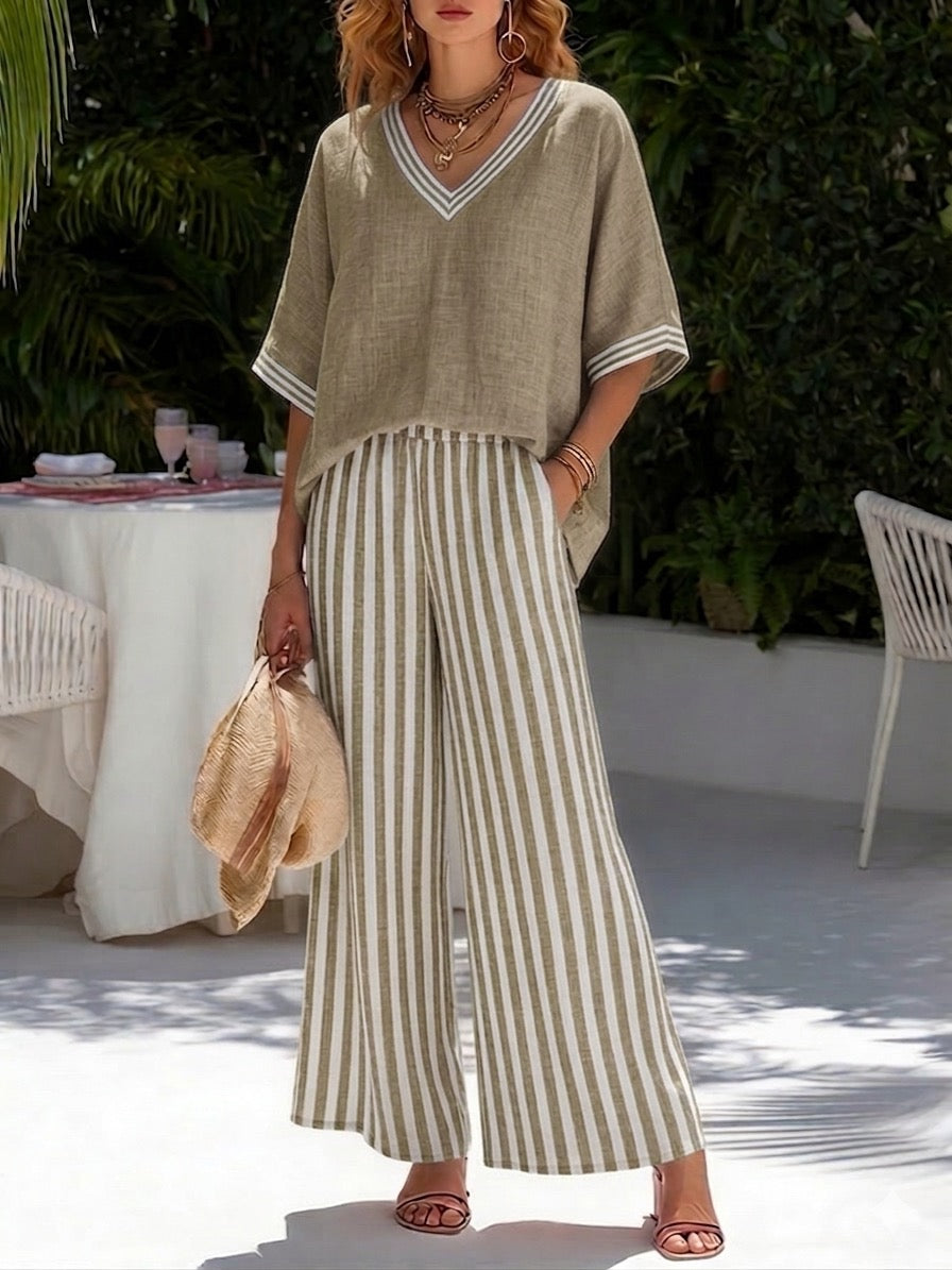 💝💝Casual Two-piece Set: Striped Linen & Cotton Patchwork Top And Striped Trousers— Look Put Together in 5 Seconds