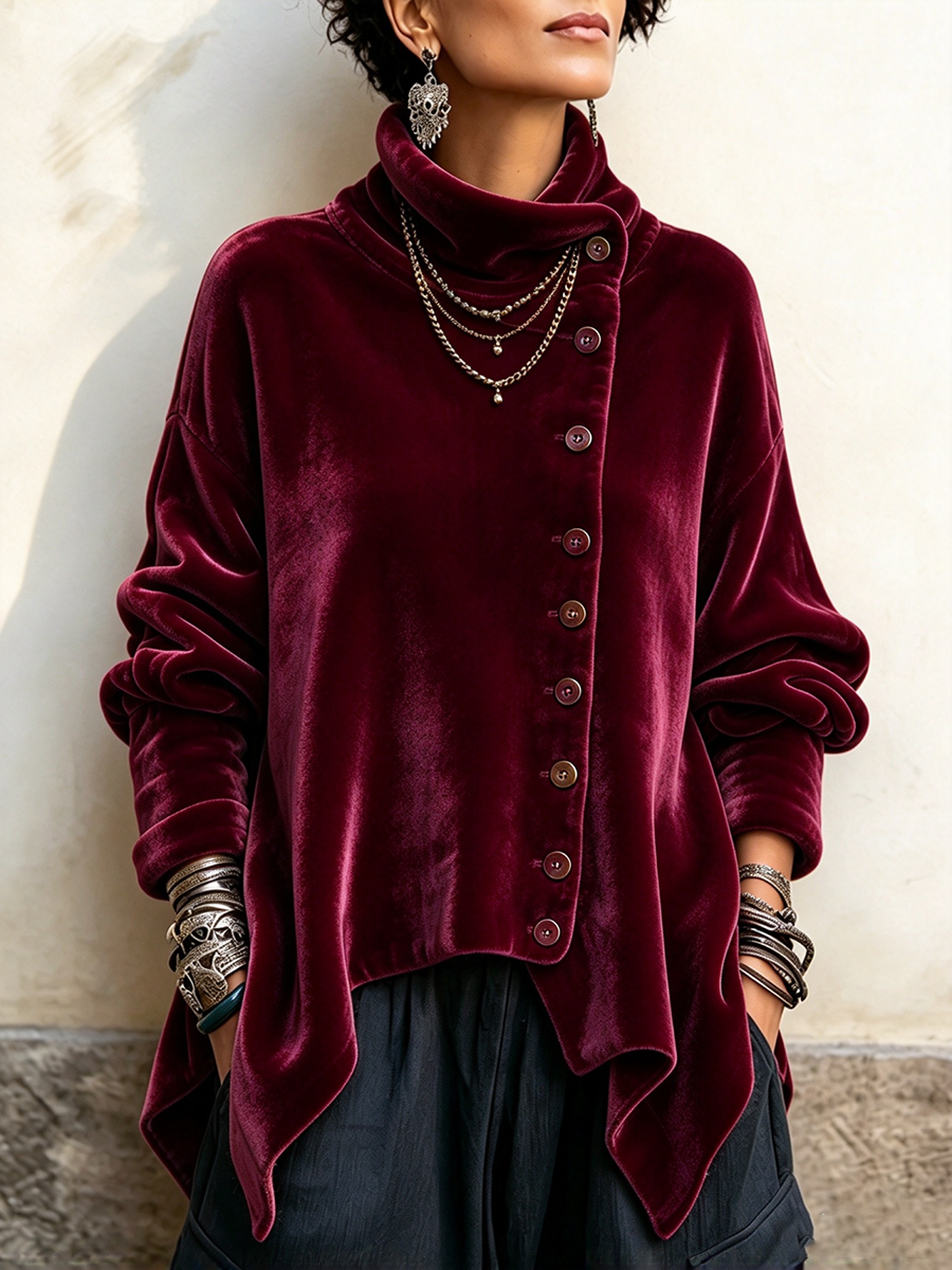 🔥 FINAL HOURS — Women's Velvet Asymmetric Turtleneck Top | Chic Button Detail & Elegant Style