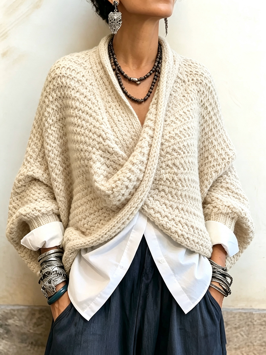 🔥 FINAL HOURS — Women's Crossover V-Neck Sweater | Cozy Batwing Sleeves & Relaxed Fit