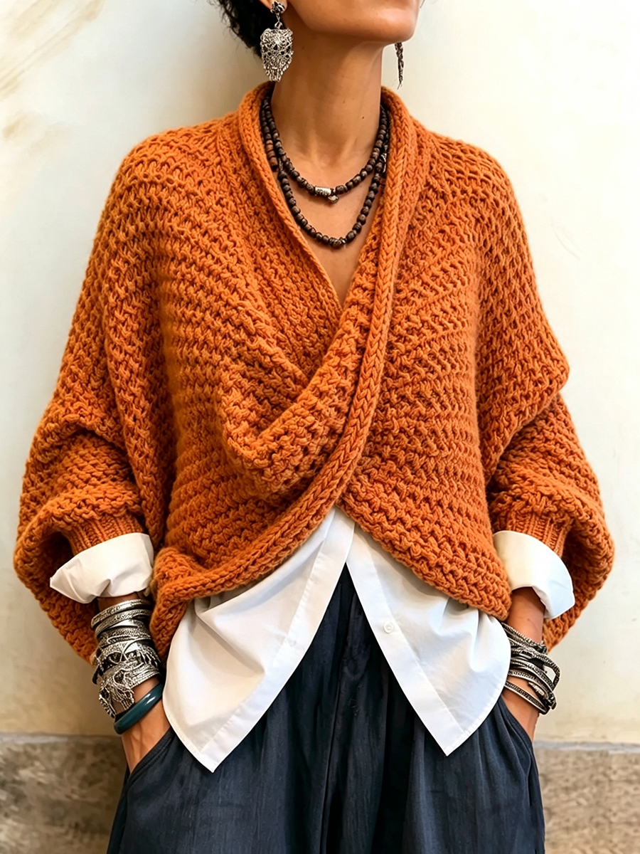 🔥 FINAL HOURS — Women's Crossover V-Neck Sweater | Cozy Batwing Sleeves & Relaxed Fit