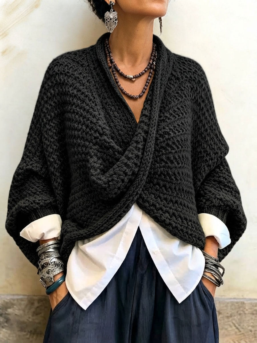 🔥 FINAL HOURS — Women's Crossover V-Neck Sweater | Cozy Batwing Sleeves & Relaxed Fit