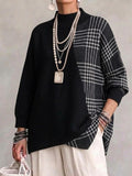 🖤 BLACK FRIDAY SALE 🖤 ☁️ Women's Plaid Mock Neck Knit Sweater | Asymmetrical Hem & Relaxed Fit