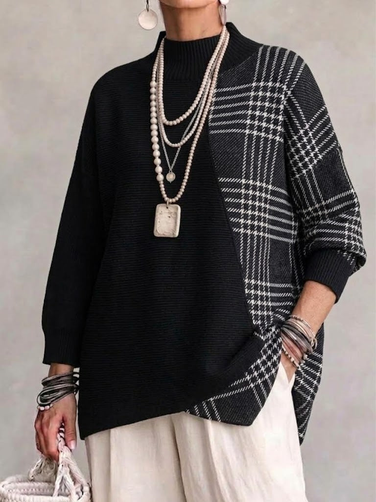 🖤 BLACK FRIDAY SALE 🖤 ☁️ Women's Plaid Mock Neck Knit Sweater | Asymmetrical Hem & Relaxed Fit