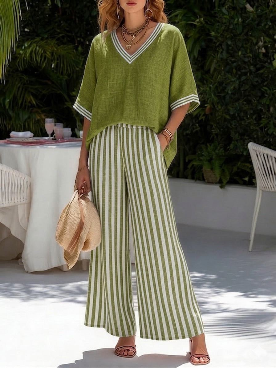 💝💝Casual Two-piece Set: Striped Linen & Cotton Patchwork Top And Striped Trousers— Look Put Together in 5 Seconds