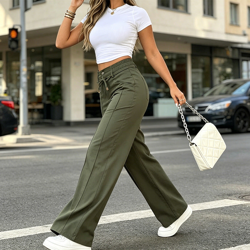 💝💝Women's High-Waisted Straight-Leg Pants with Front Seam Detail & Elastic Back Waistband – Comfortable, Versatile Trousers for Work & Everyday Wear