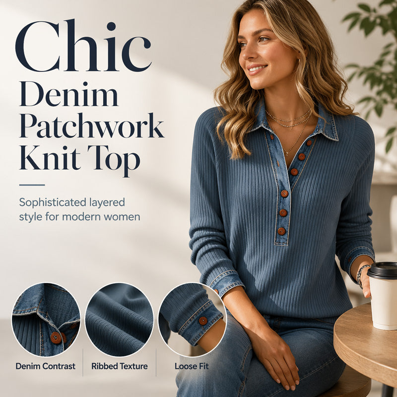 🔥 FINAL HOURS — Women's Denim & Knit Patchwork Top | Relaxed Fit & All-Day Comfort