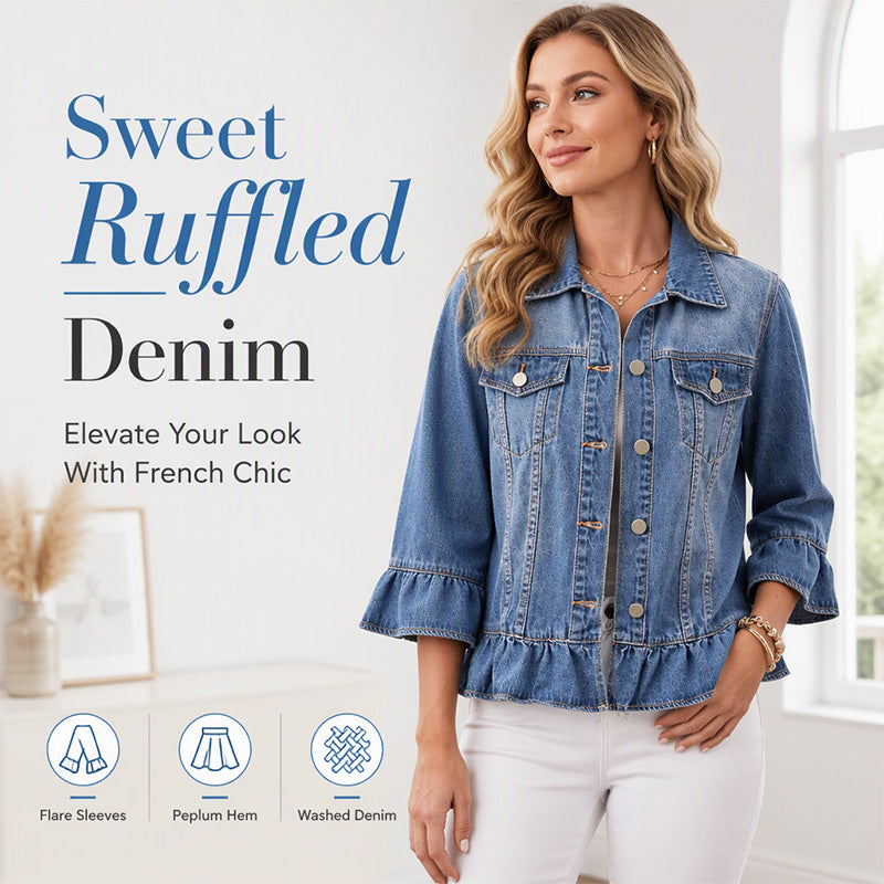 👚✨Women's Cropped Denim Jacket with Ruffle Hem