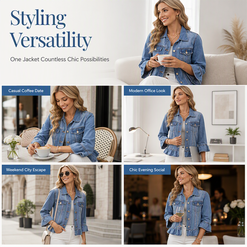 👚✨Women's Cropped Denim Jacket with Ruffle Hem
