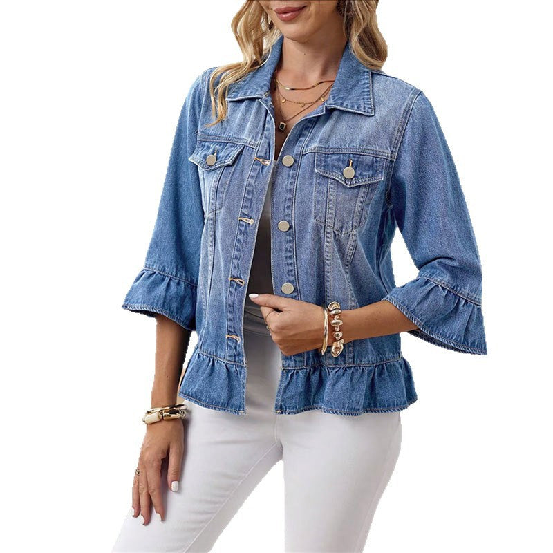 👚✨Women's Cropped Denim Jacket with Ruffle Hem