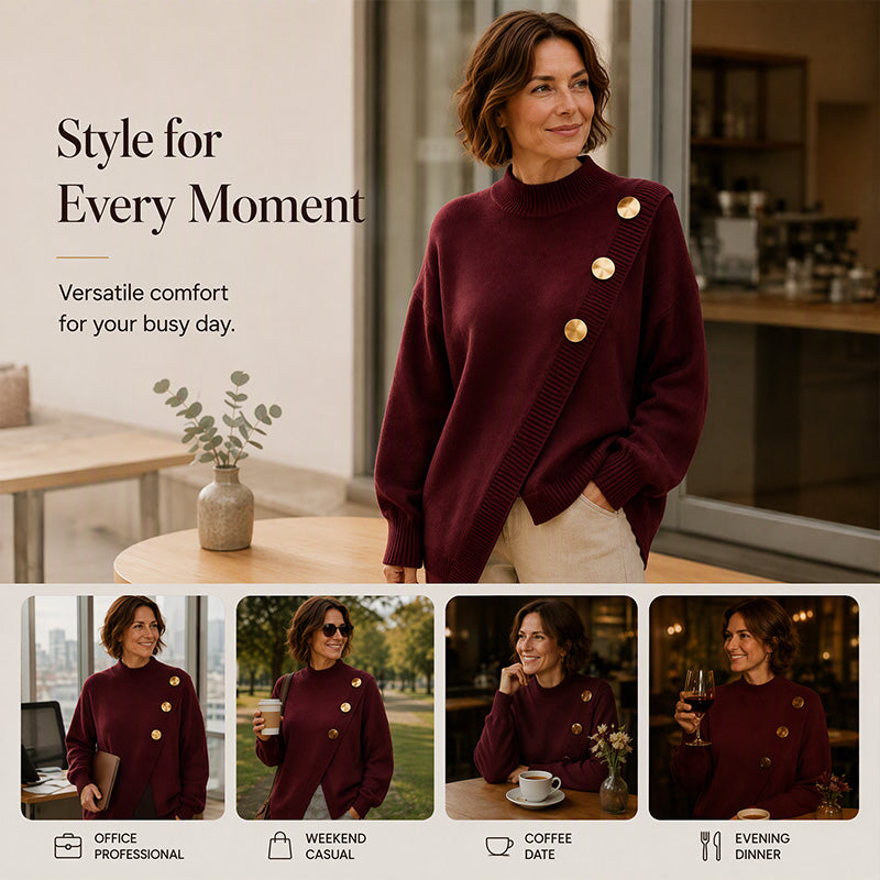 🔥 FINAL HOURS — Women's Asymmetric Hem Mock Neck Sweater | Chic & Cozy Knit Style