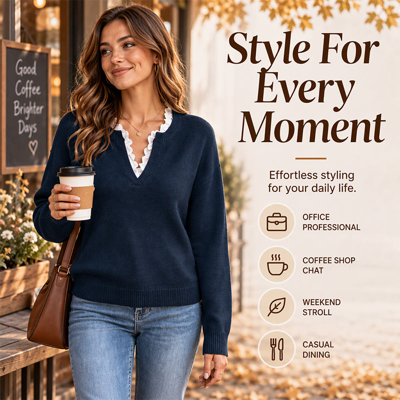 🖤 BLACK FRIDAY SALE 🖤 ☁️ Women's Mock Neck Knit Sweater | Elegant Lace Trim & Cozy Comfort