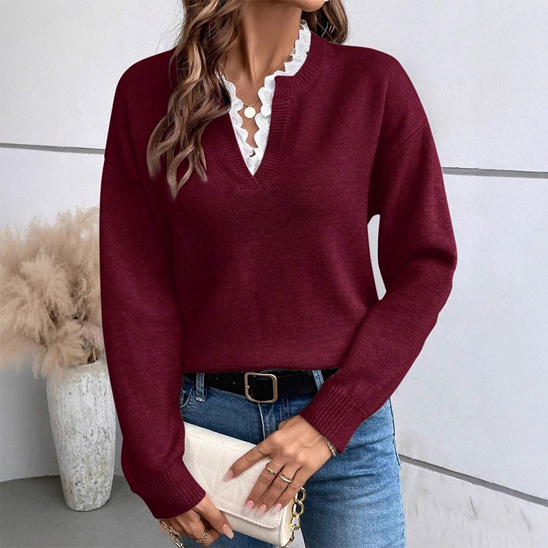 🖤 BLACK FRIDAY SALE 🖤 ☁️ Women's Mock Neck Knit Sweater | Elegant Lace Trim & Cozy Comfort