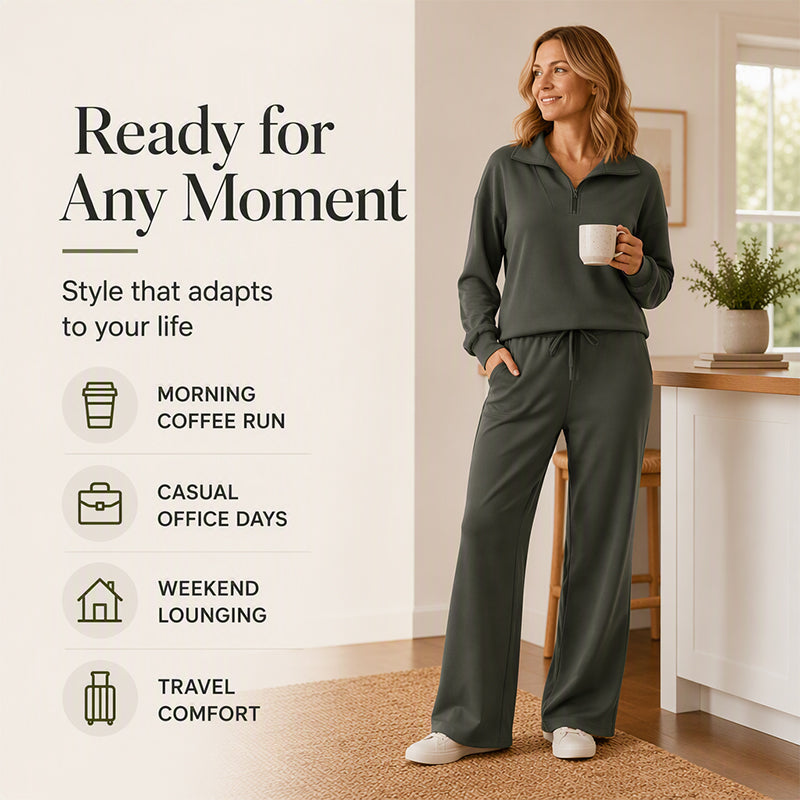 🖤 BLACK FRIDAY SALE 🖤 ☁️ Women's Half-Zip Lapel Top & Wide-Leg Pants Set | Chic Collar & Relaxed Fit