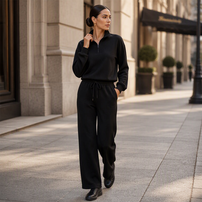 🖤 BLACK FRIDAY SALE 🖤 ☁️ Women's Half-Zip Lapel Top & Wide-Leg Pants Set | Chic Collar & Relaxed Fit