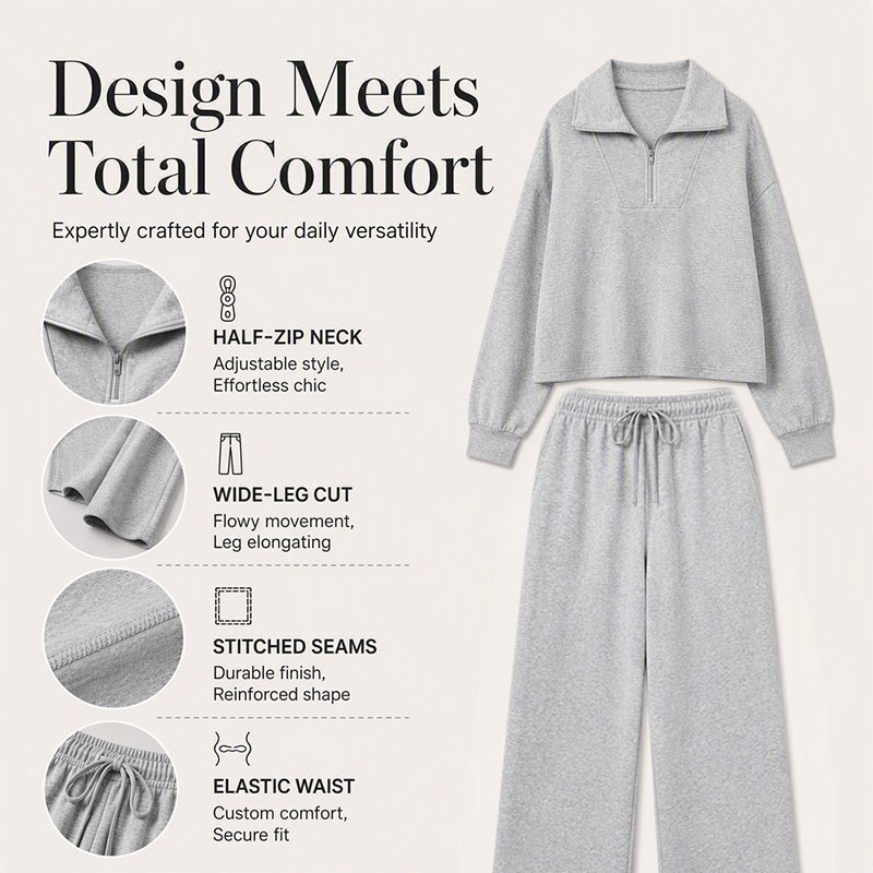 🖤 BLACK FRIDAY SALE 🖤 ☁️ Women's Half-Zip Lapel Top & Wide-Leg Pants Set | Chic Collar & Relaxed Fit