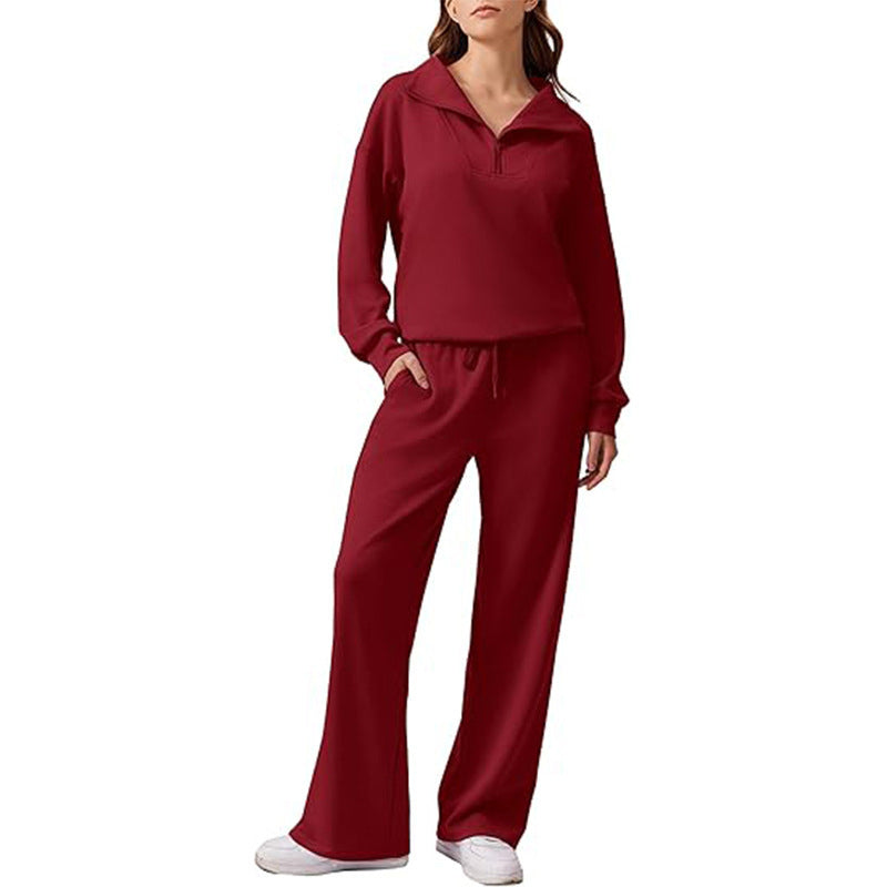 🖤 BLACK FRIDAY SALE 🖤 ☁️ Women's Half-Zip Lapel Top & Wide-Leg Pants Set | Chic Collar & Relaxed Fit