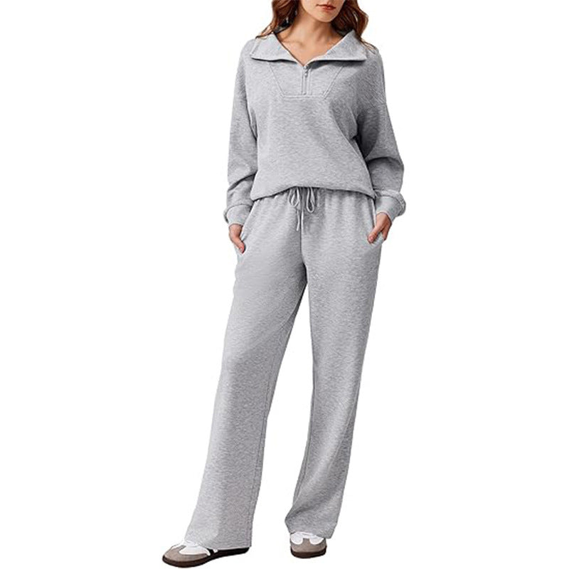 🖤 BLACK FRIDAY SALE 🖤 ☁️ Women's Half-Zip Lapel Top & Wide-Leg Pants Set | Chic Collar & Relaxed Fit