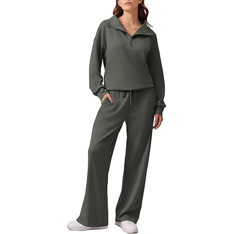🖤 BLACK FRIDAY SALE 🖤 ☁️ Women's Half-Zip Lapel Top & Wide-Leg Pants Set | Chic Collar & Relaxed Fit
