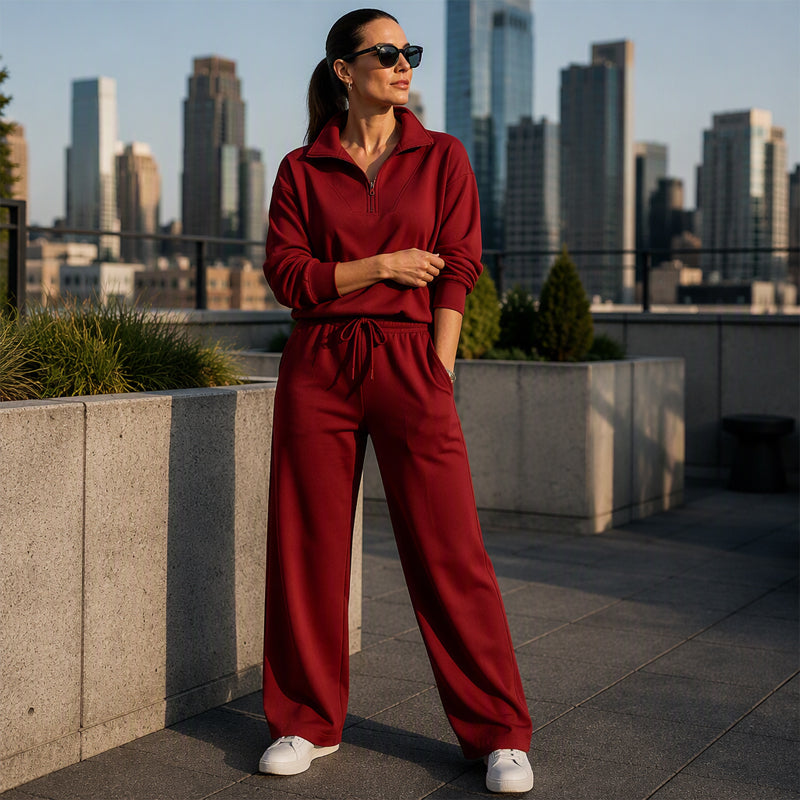 🖤 BLACK FRIDAY SALE 🖤 ☁️ Women's Half-Zip Lapel Top & Wide-Leg Pants Set | Chic Collar & Relaxed Fit