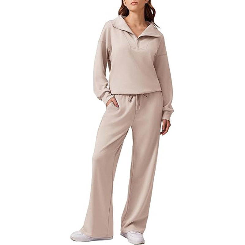 🖤 BLACK FRIDAY SALE 🖤 ☁️ Women's Half-Zip Lapel Top & Wide-Leg Pants Set | Chic Collar & Relaxed Fit